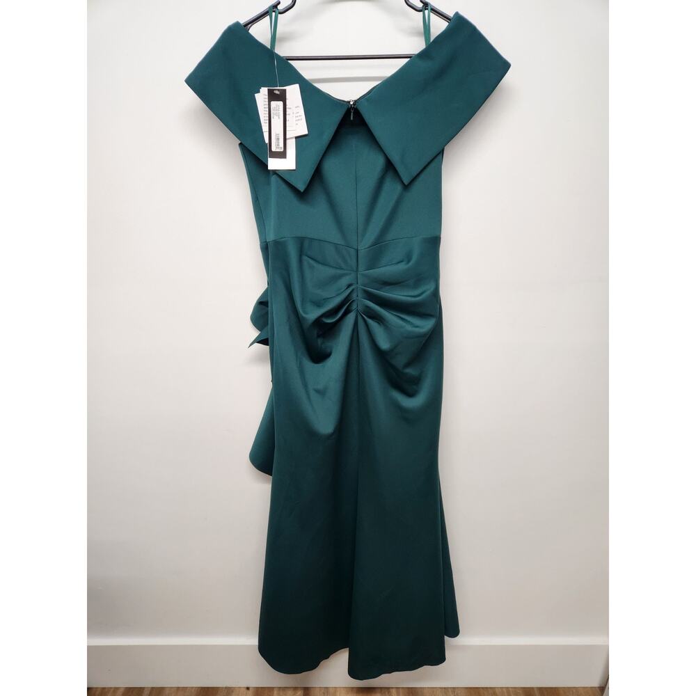 Xscape Women's Long Off Shoulder Sweetheart Neck Side Ruffle Gown, Sz 14P Hunter - Picture 2 of 14